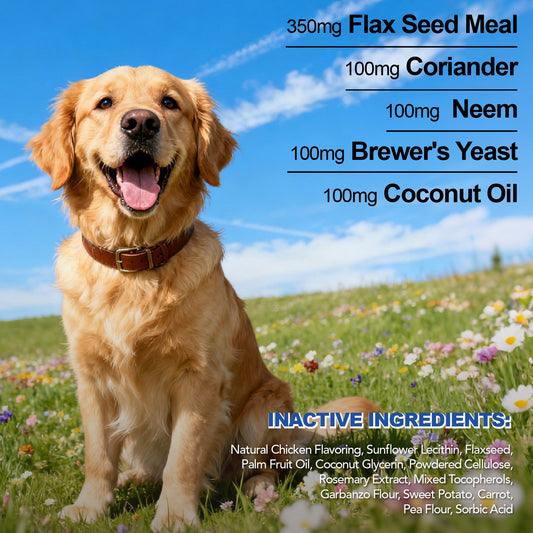 Natural Fle & Tic Health For Dogs& Cats- Skin & Digestive And Immune Supplement- With Natural Flax Seed Meal, Coriander, Brewer'S Yeast, All Breeds & Ages, 90 Count, Tasty Chicken Flavor