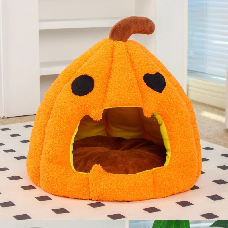 Christmas Pumpkin Pet Bed - Warm Cat & Dog House with Removable Cushion/for winter/warm/decoration/ dress up/snowflake、costumes