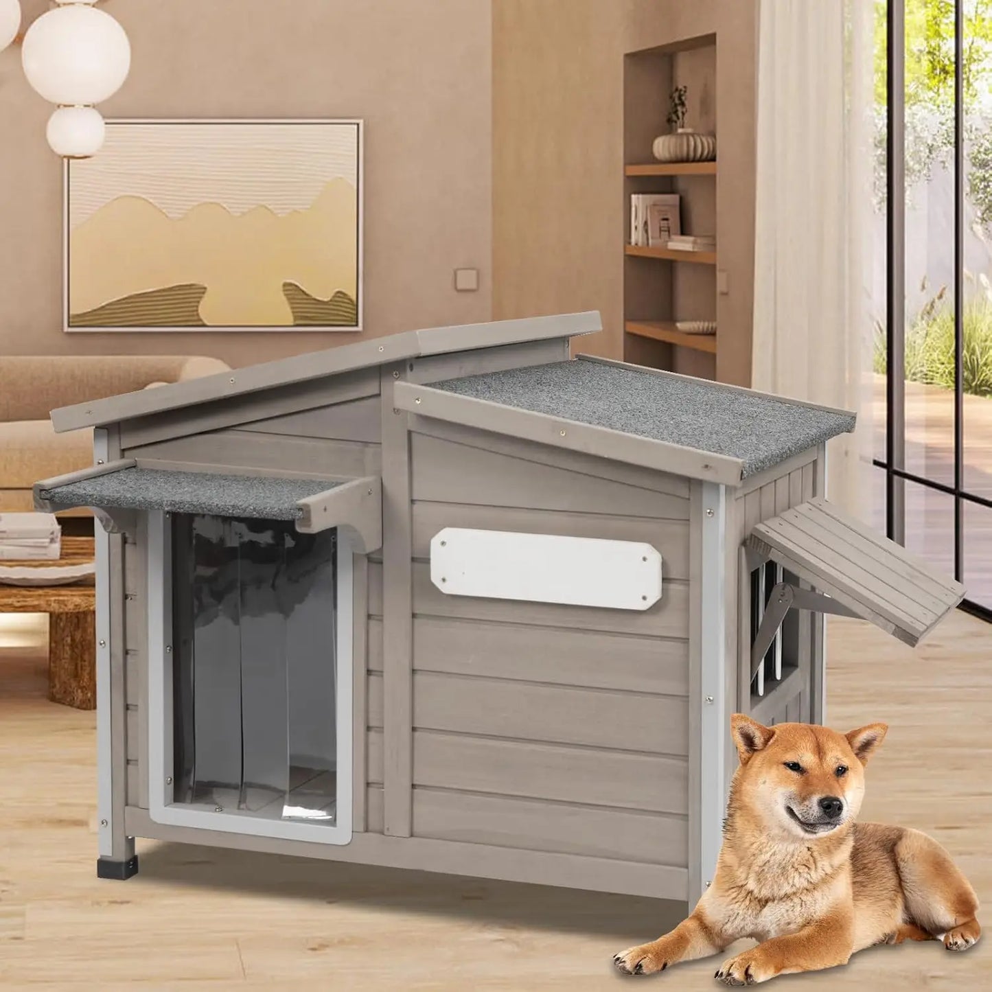 Petscosset Dog House Outdoor, Anti-Chewing Iron Frame Wooden Dog Kennel Outside