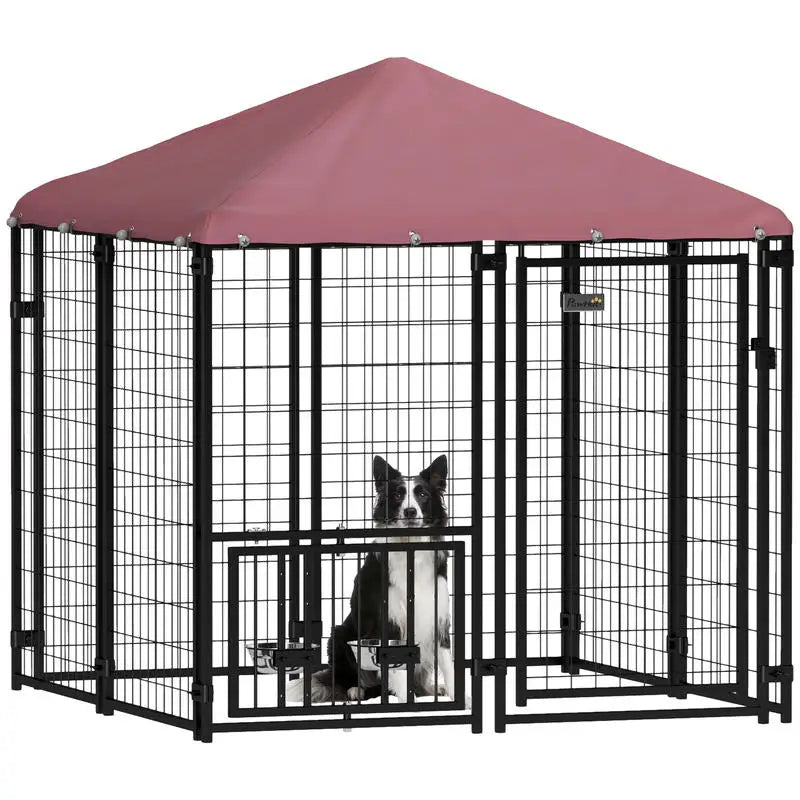 Welded Wire Outdoor Dog Kennel with 360° Rotating & 4 Levels Adjustable Bowls, Waterproof Cover, 4.6' x 4.6' x 5'