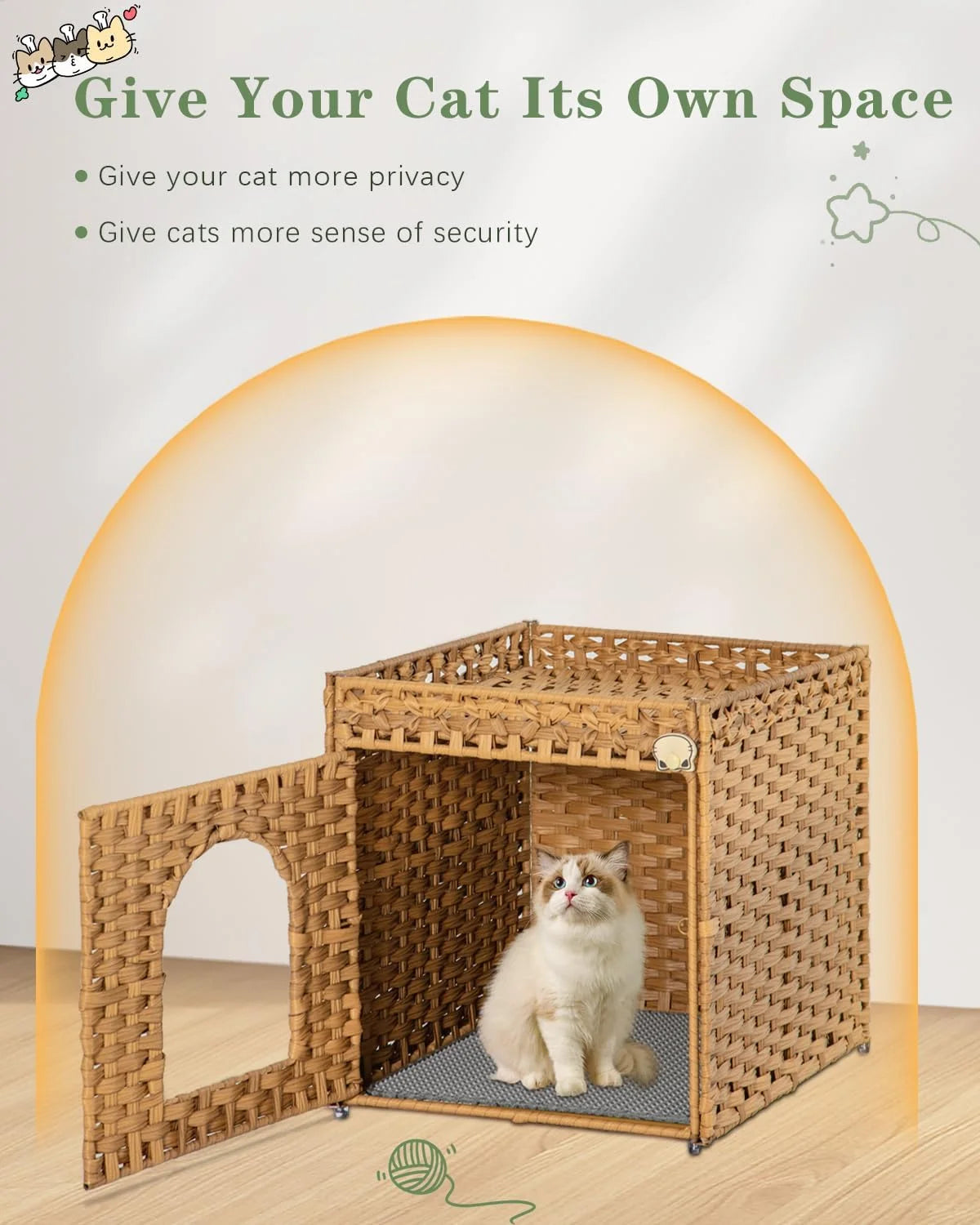 Cat Litter Box Enclosure Furniture, Hidden Litter Box with Mat and Fence, Handwoven Rattan Cat House with Two S-Shaped Hooks for
