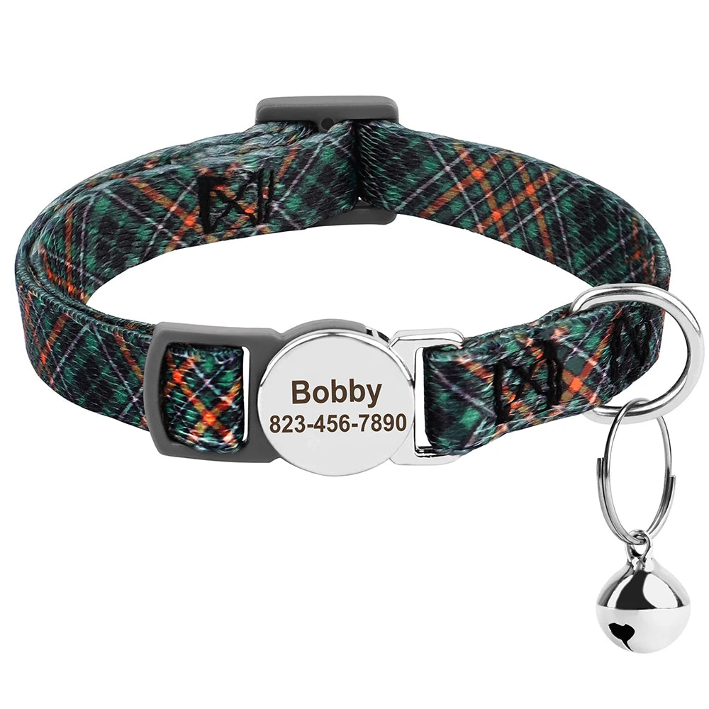 Quick-Release Personalised Nylon Cat Collar – Breakaway Kitten Necklace with Bell & Free Engraving (Red, Green, Blue) - Pet Suppie