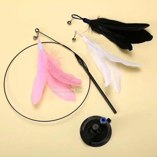 Cat Teaser Wand with Bell, Suction Cup & Replaceable Feather Head – Extended Rod Self-Play Toy - Pet Suppie