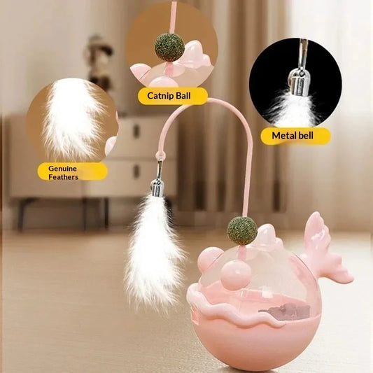 Cat Toys Wobble Treat Dispenser Feather Teaser Wand Catnip Balls Self Play Boredom Buster for Cats Pet Safe