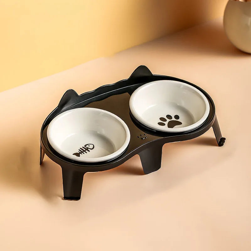 Ceramic Cat Bowl Double Bowl - Elevated Slanted Pet Food Water Bowls, High-Quality Kitten Feeding Drinking Bowls, Pet Supplies - Pet Suppie