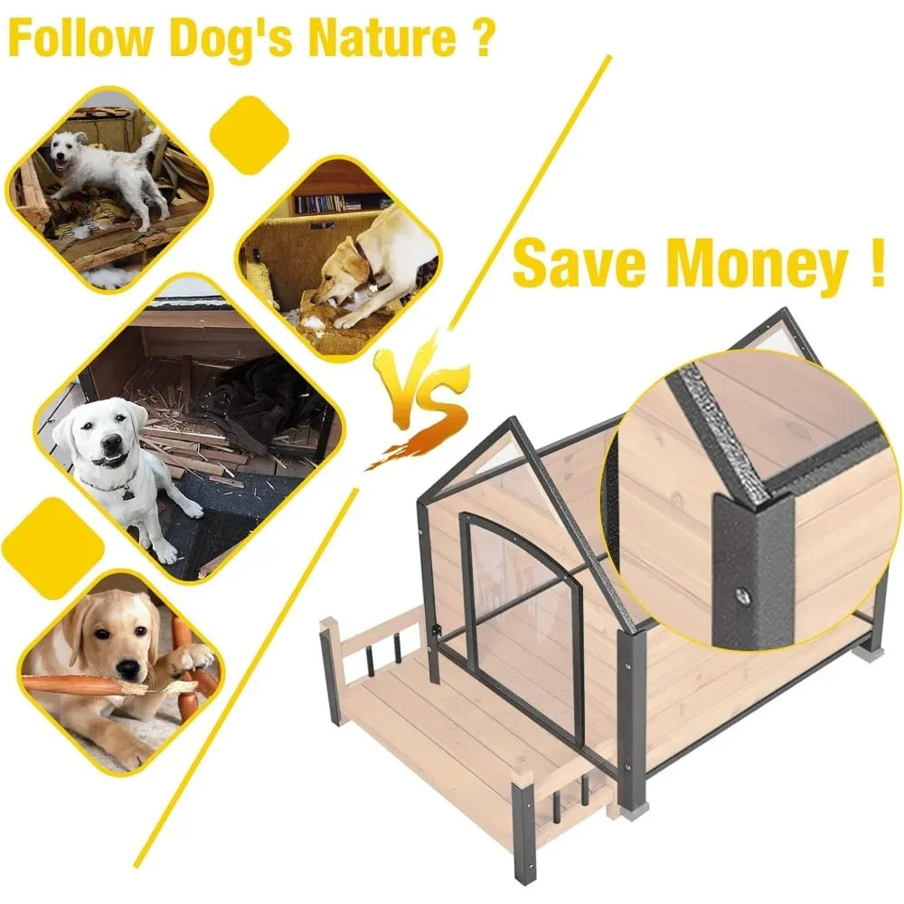 Dogs House Outdoor,Dogs Kennel Outside for Large Breed,Weatherproof Large Dogs Shelter with Anti-Chewing Iron Frame