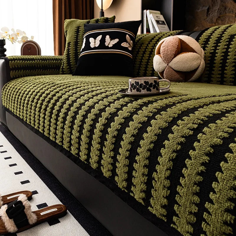 Geometric Lines Jacquard Soft Thicken Tuffed Fleece Sofa Towel Blanket for Living Room Cover Machine Washable Pet Friendly