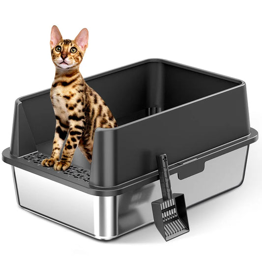 2 Pack Extra Large XL Stainless Steel Cat Litter Boxes with Lid Metal Cat Litterbox Pan for Big Cats and Multiple Cats