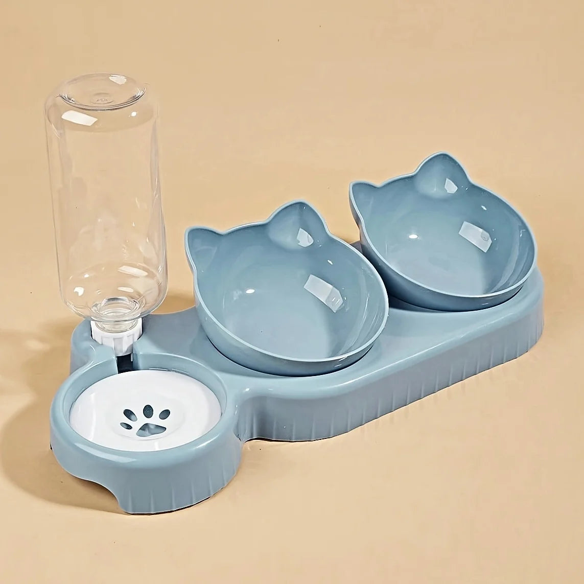 Pet Bowls With Water Feeder, 3 In 1 Ear Design Tilted Cat Water And Food Bowl Set With Gravity Water Bottle For Neck Protection - Pet Suppie