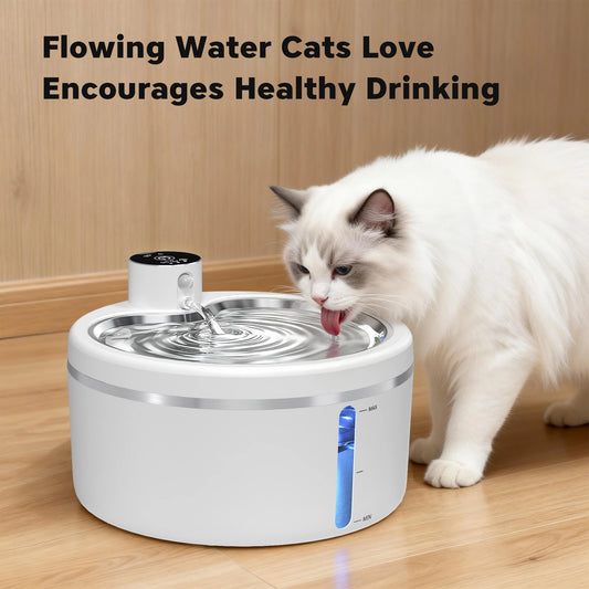 Wireless Cat Water Fountain 2.5L Stainless Steel Pet Drinking Dispenser Smart Sensor Auto Circulating Filter 4000mAh LED Display - Pet Suppie