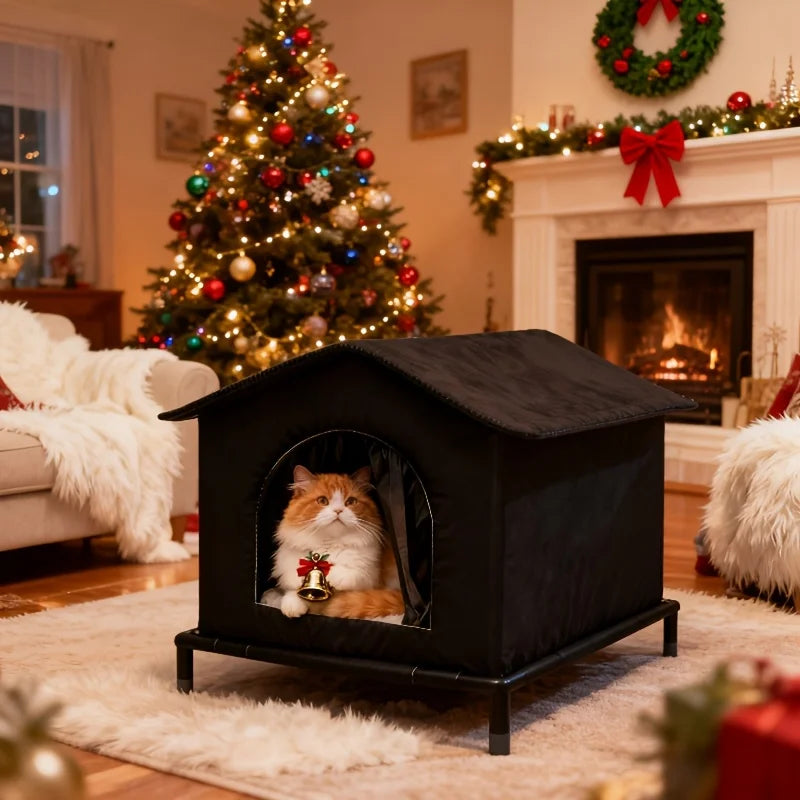 Foil-Insulated Outdoor Cat House with Shelf & Cushion – Waterproof Stray Cat Winter Shelter (33×33×33cm) - Pet Suppie