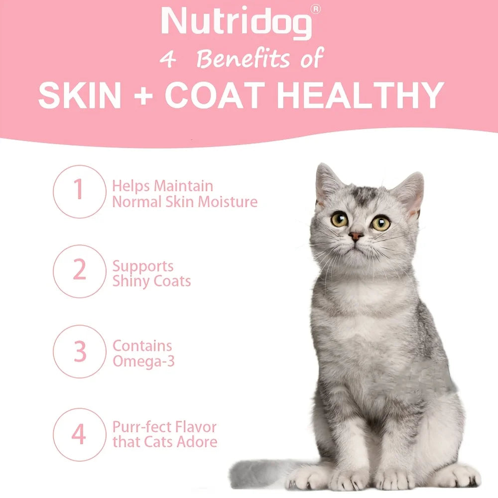 Nutridog Omega Skin And Coat Soft Chew -Omega 3 Fish Oil Skin And Coat Supplement - Shedding, Support Healthy Shiny Hair-Salmon Flavor-120 Chews-For Cats- Lysine Health Chews