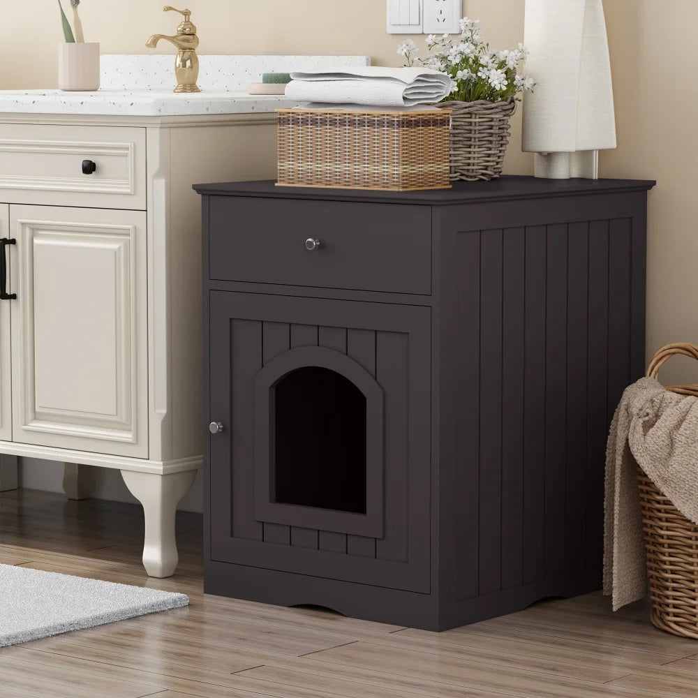 Wooden Brown Cat Litter Box Cabinet Furniture Enclosure With Drawer Side Table Pet House Nightstand For Indoor Cats Pet Toilet