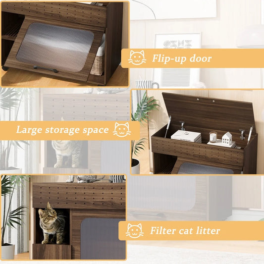 Multi-Use Hidden Cat Litter Box Enclosure pet House with Storage Flip-Up Door Wheel Sturdy Cat Cabinet Furniture for living room