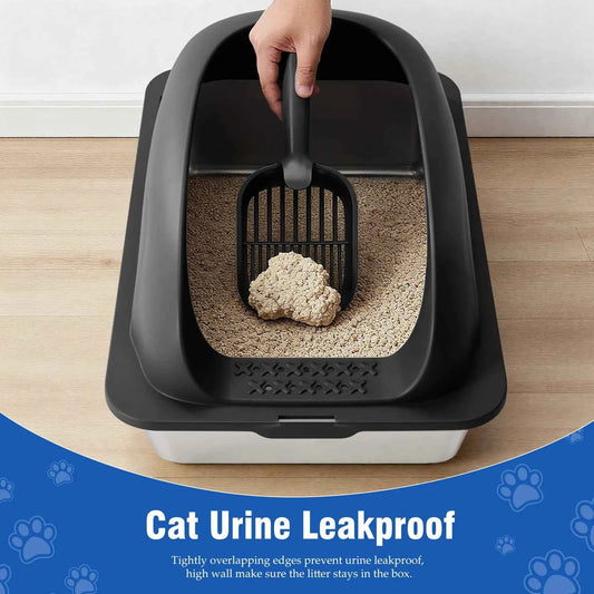 JHK Stainless 24IN Steel Cat Litter Box with Lid Large Cat Litter Box for Big Cats Anti-Urine Leakage Scoop and Mat Included