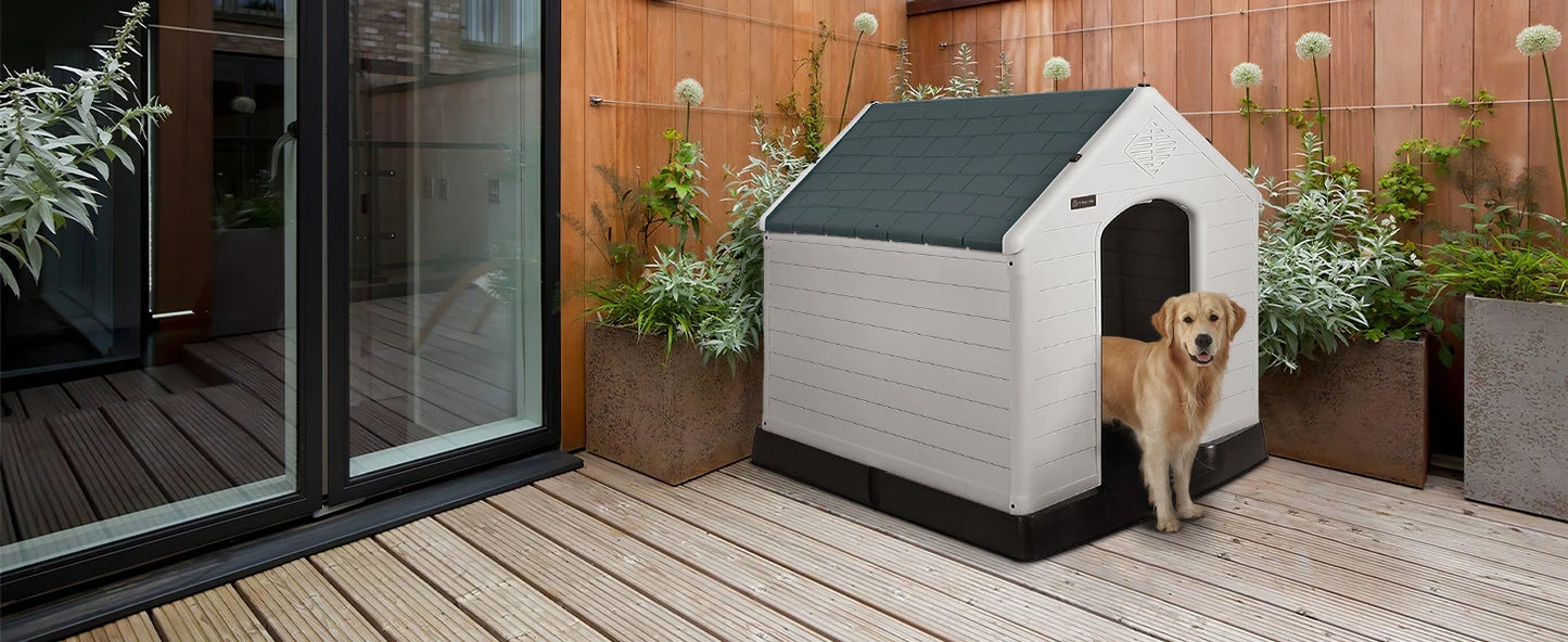 Durable Waterproof Plastic Dog House for Small to Large Sized Dogs, Indoor Outdoor Doghouse Puppy Shelter with Elevated Floor