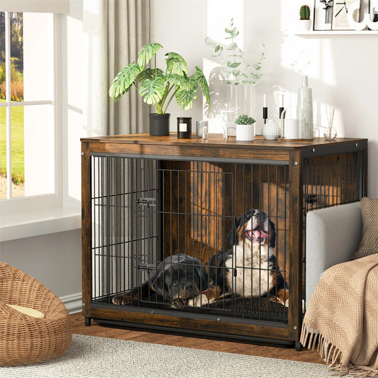 Large Elevated Dog Crate Wooden Dog Kennel Cage Pet House End Table with Double Door and Removable Tray Rustic Furniture Indoor