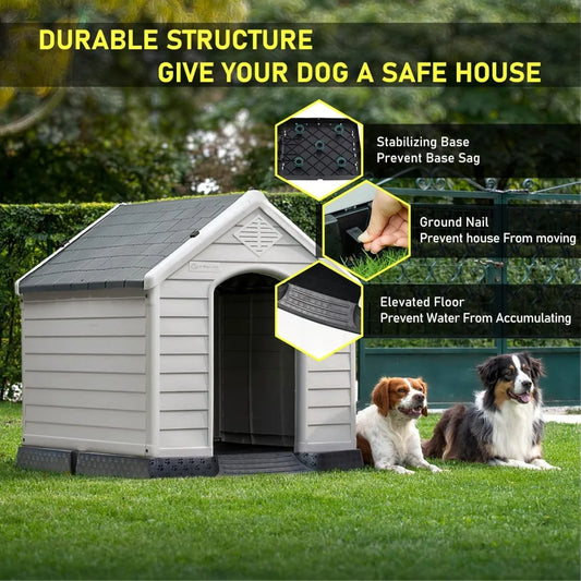 Durable Waterproof Plastic Dog House for Small to Large Sized Dogs, Indoor Outdoor Doghouse Puppy Shelter with Elevated Floor
