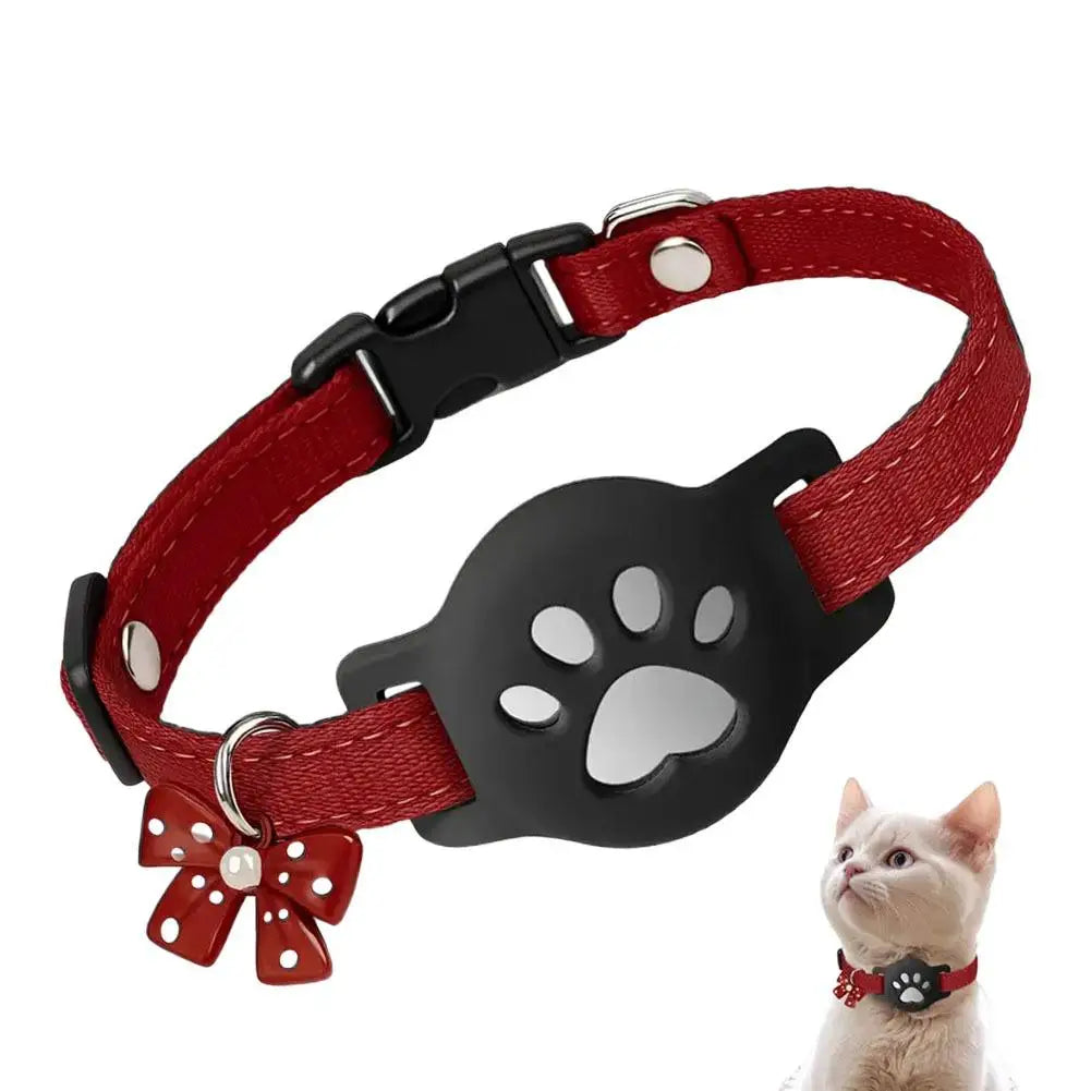 Cat GPS Collar with AirTag Holder & Bell – Safety Buckle Kitten Collar 7.09–9.84" in Black & Red - Pet Suppie
