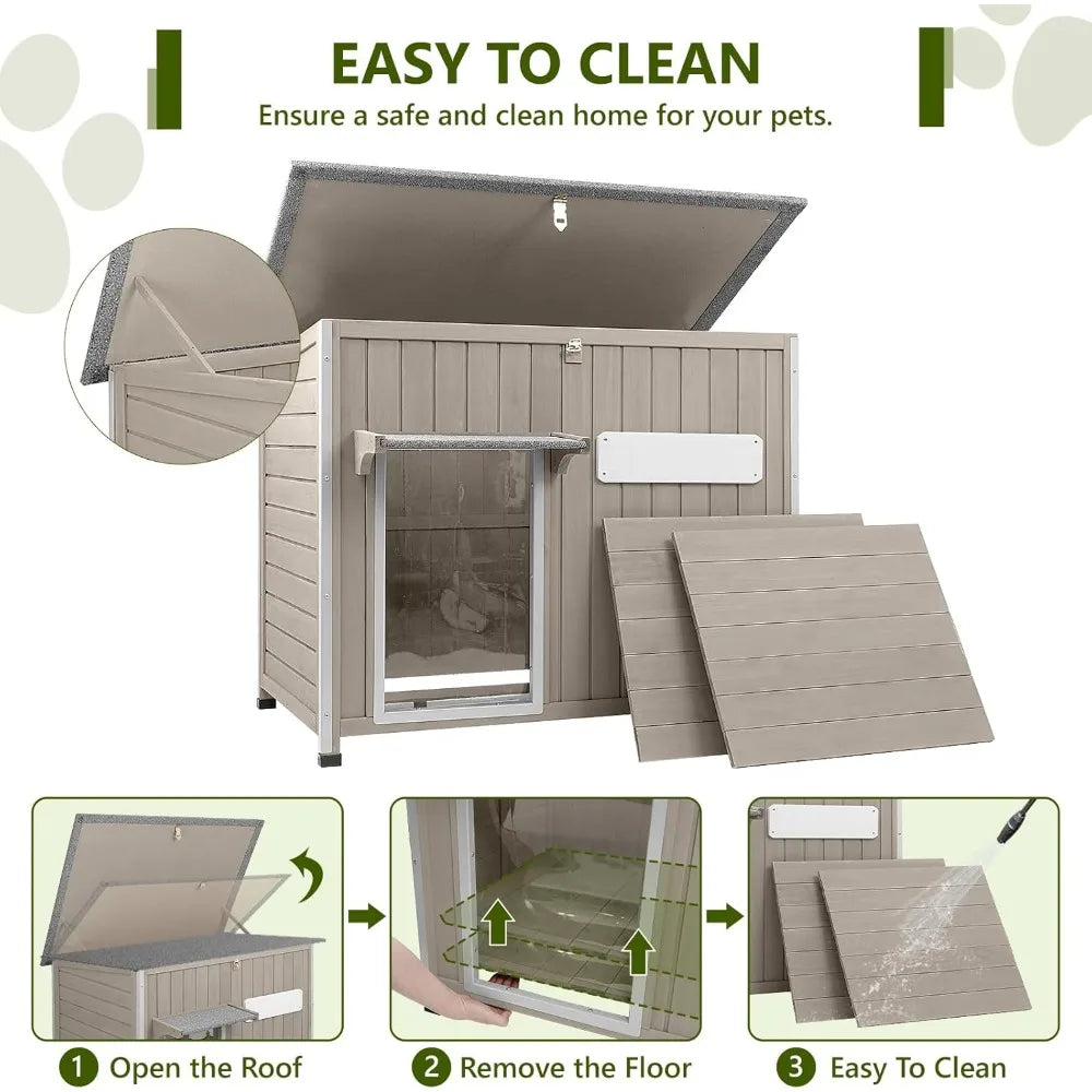 Large Dog House Outdoor XL Wooden Dog House with Weatherproof Asphalt Roof, Chew-Resistant Frame, Removable Floor, for Medium to