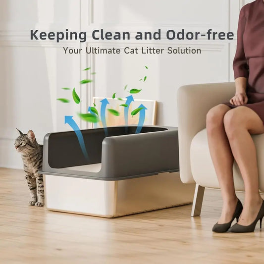 Extra Large Stainless Steel Cat Litter Box with Lid, 24''L x 16''W x 12''H, Easy Clean Metal Pan for Cats