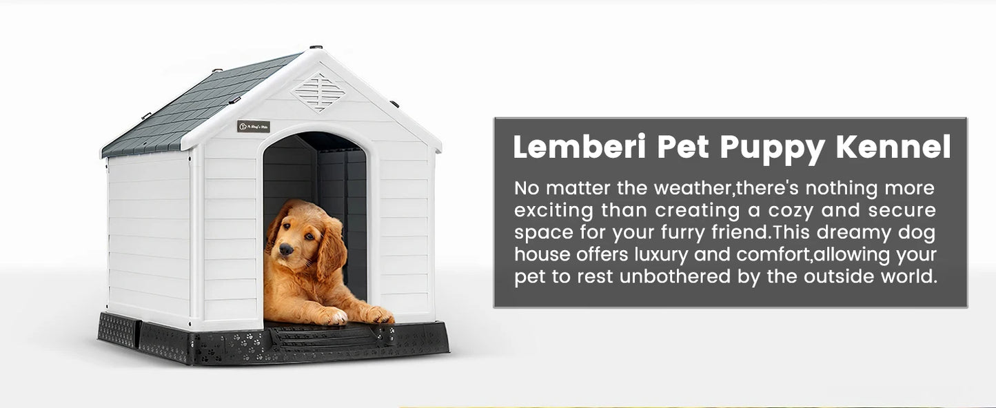 Durable Waterproof Plastic Dog House for Small to Large Sized Dogs, Indoor Outdoor Doghouse Puppy Shelter with Elevated Floor