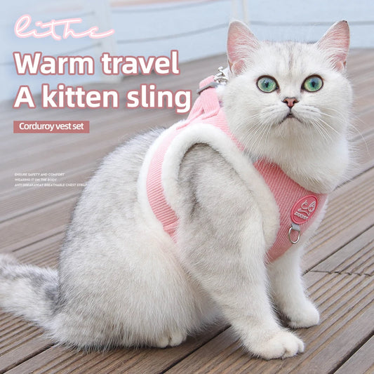 Cat Winter Small Dog Harness Leash Rabbit Plush Reflective Pet Harness Vest-Style Puppy Outdoor Dog Lead Walking Cat Windproof - Pet Suppie