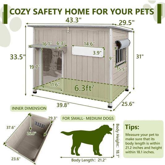 Large Dog House Outdoor XL Wooden Dog House with Weatherproof Asphalt Roof, Chew-Resistant Frame, Removable Floor, for Medium to