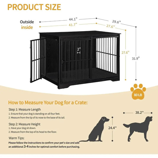 Large Dog Crate Furniture, 44.1 Indoor Kennel with Barn Door, Wooden Tall Dog Cage, Heavy Duty for Large Dogs, Side End Table, A