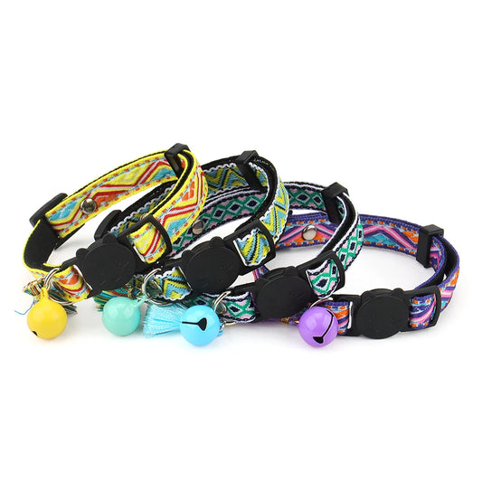 Adjustable Cat Collar Polyester Jacquard Pattern Pet Collar with Bell and Tassel Decoration for Cats and Small Dogs To Keep Lost - Pet Suppie