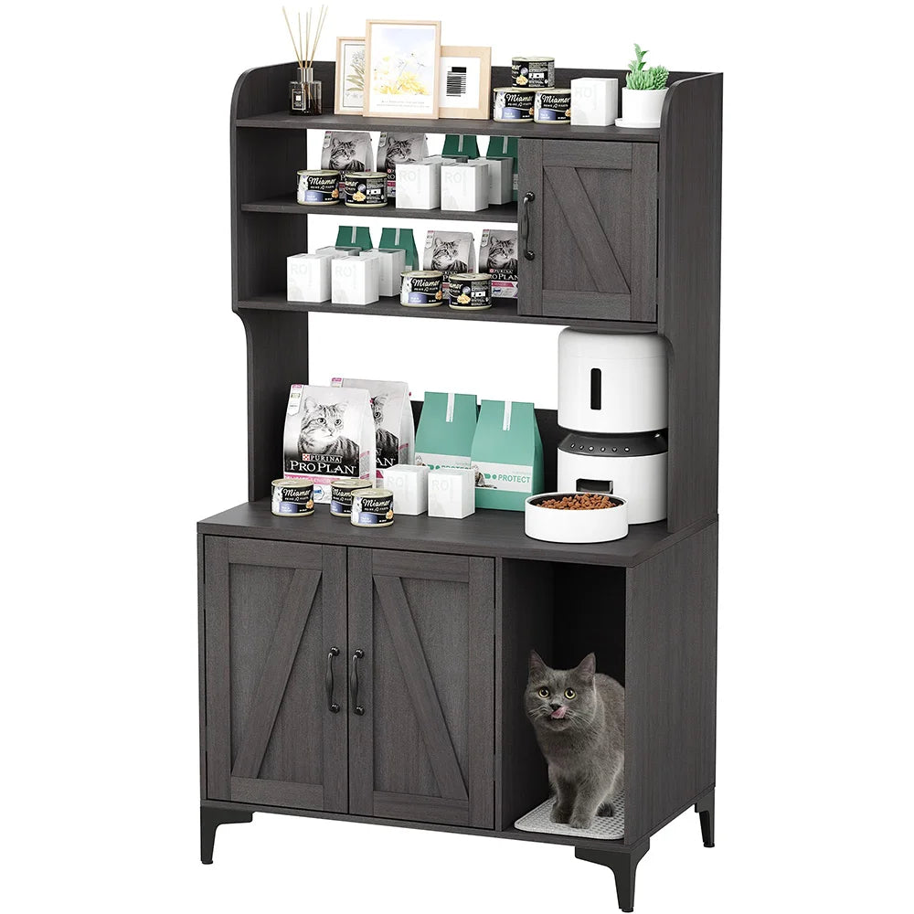 Rustic Farmhouse Hidden Cat Litter Box Enclosure 4-Tier Storage Shelves & 2 Cabinets Wood Cat Washroom Furniture For Indoor Use