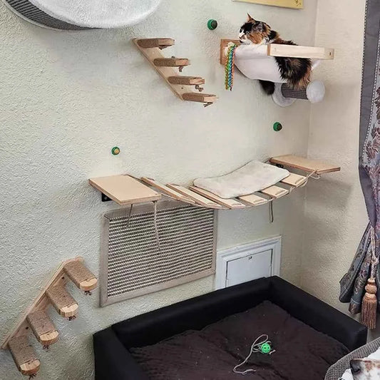 Wooden Cat Climbing Shelves Wall Mounted Cat Tree Sisal Scratching Post Pedal Hammock Indoor Kitten Playground Cats Accessories