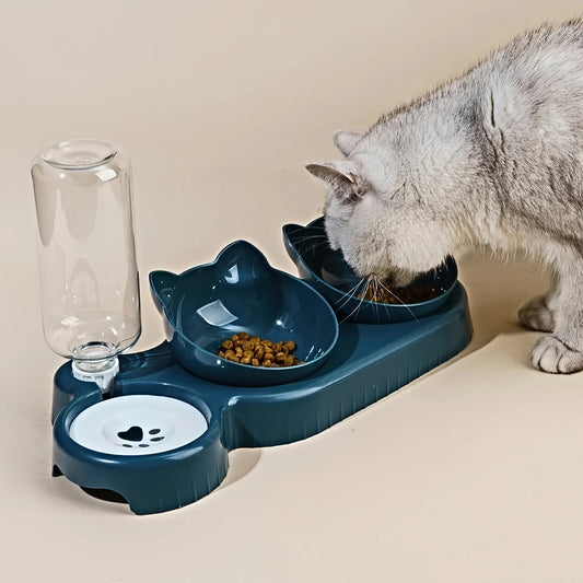 Pet Bowls With Water Feeder, 3 In 1 Ear Design Tilted Cat Water And Food Bowl Set With Gravity Water Bottle For Neck Protection - Pet Suppie