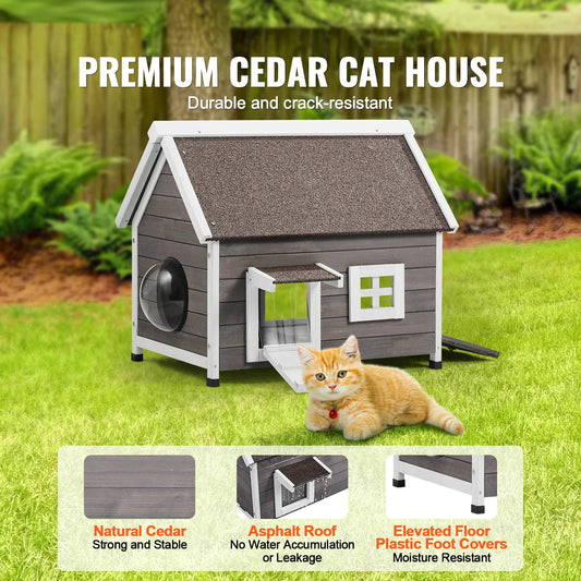 SucceBuy Weatherproof Cedar Outdoor Cat House – Multi-Cat Feral Shelter with Side Door (22"×30"×26") - Pet Suppie