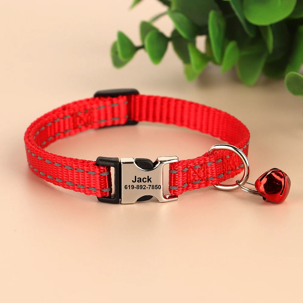 Free Personalised Engraved Nylon Cat Collar – Anti-Lost Adjustable Collar with Bell (31 Colour Options) - Pet Suppie