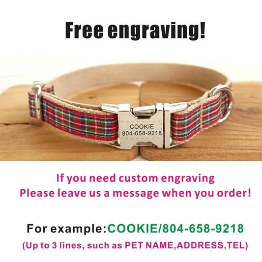 Free Engraving Personalized Dog Collar Matching Leashes Customzied Contacts Adjustable Red Plaid Pet Collar