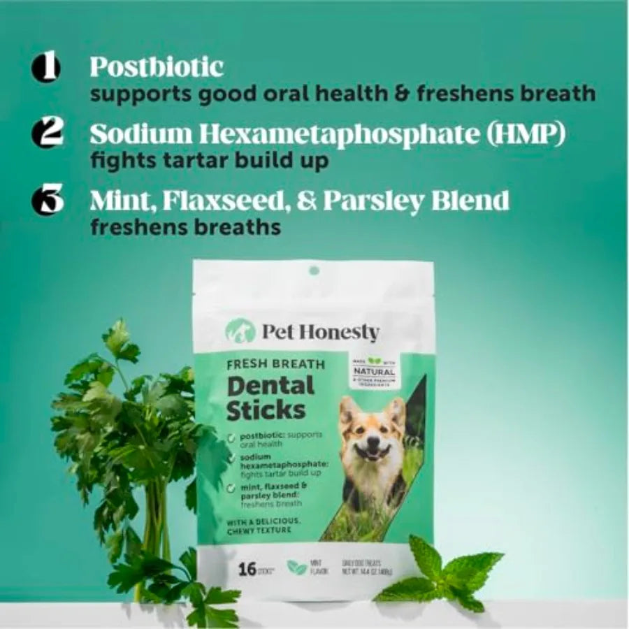 Dog Dental Care Virtual Bundle Mint Dental Powder 60 Servings + Fresh Sticks Oral Hygiene Chews 16 ct