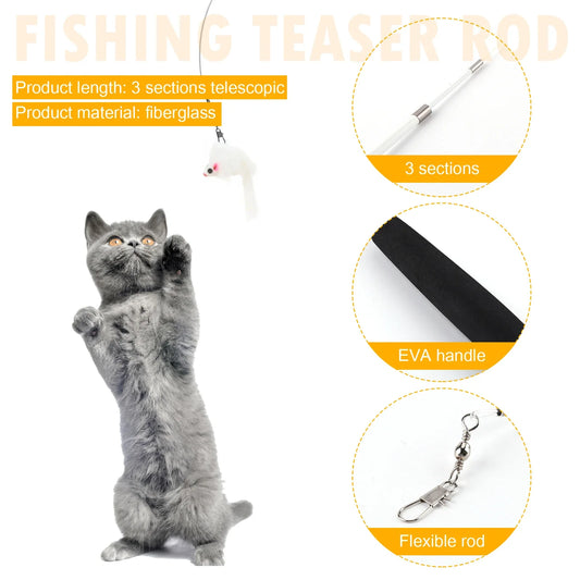 Cat Teaser Wands Three-section Telescopic Fishing Pole Wand Kitten Funny Catcher Teaser Stick Rod Interactive Stick Teaser Toys