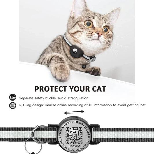 GPS Cat Collar with AirTag Holder, QR ID Tag & Bell – Reflective Anti-Lost Tracker Collar (Pink, Purple, Blue) - Pet Suppie