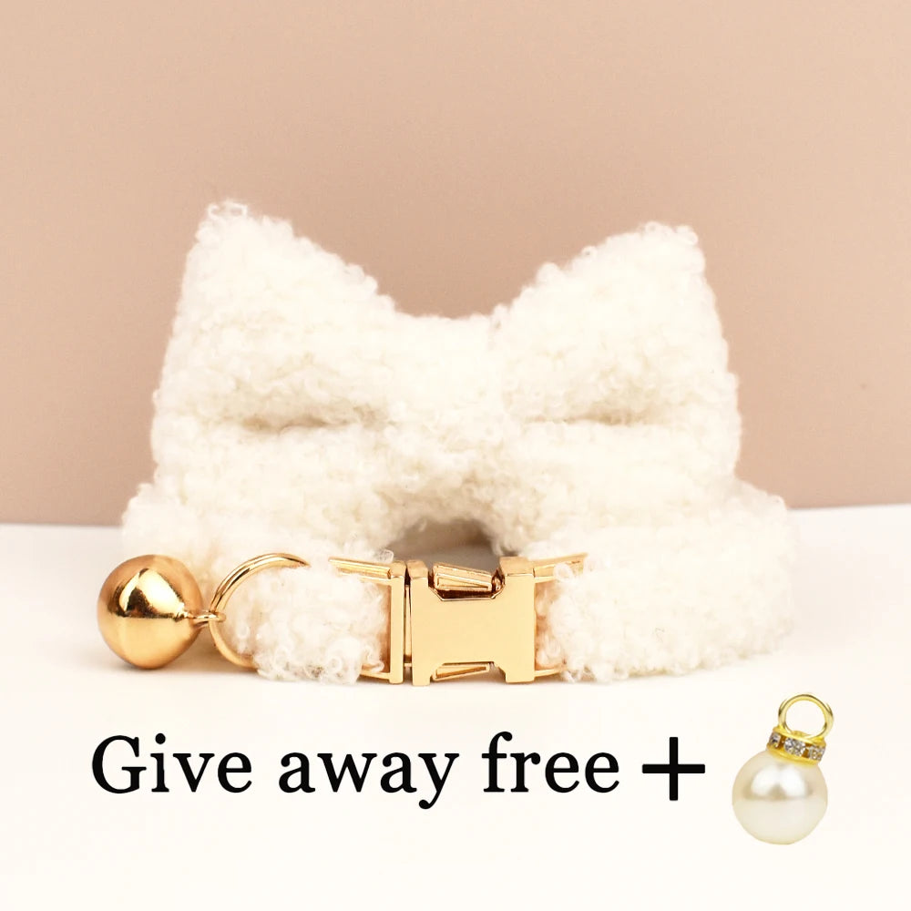 Autumn and winter Teddy fur cat collar bell accessories Kitten neck accessories can be customized laser lettering - Pet Suppie