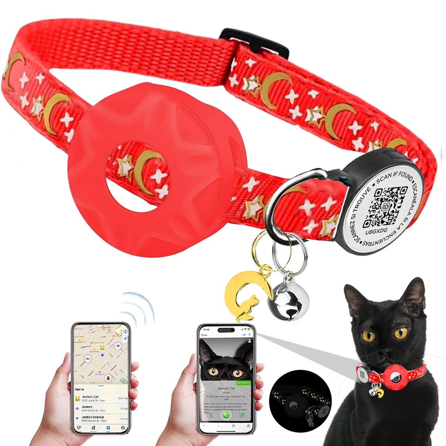 Luminous Airtag cat Collar with Smart Pet ID Tag for Apple Tag, AirTag Holder & Bell for Breakaway Kitten Collar Puppy Cats