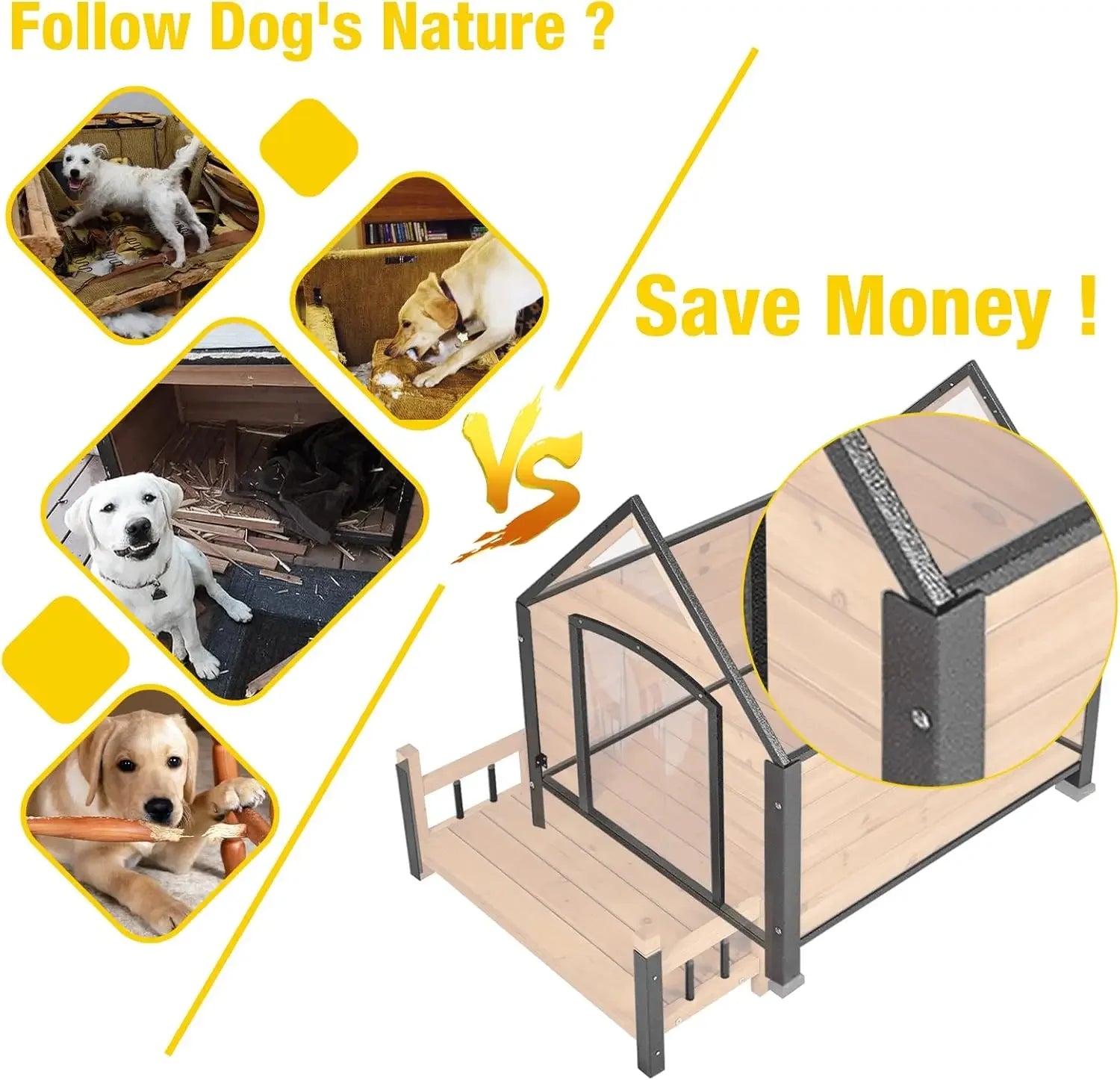 Dogs House Outdoor,Dogs Kennel Outside for Large Breed,Weatherproof Large Dogs Shelter with Anti-Chewing Iron Frame