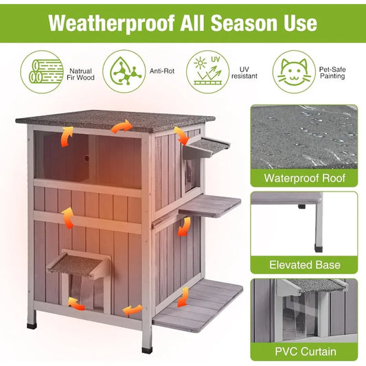 Heated 2-Story Outdoor Cat House – Insulated Liner Weatherproof Wooden Feral Shelter with Wind Guard - Pet Suppie