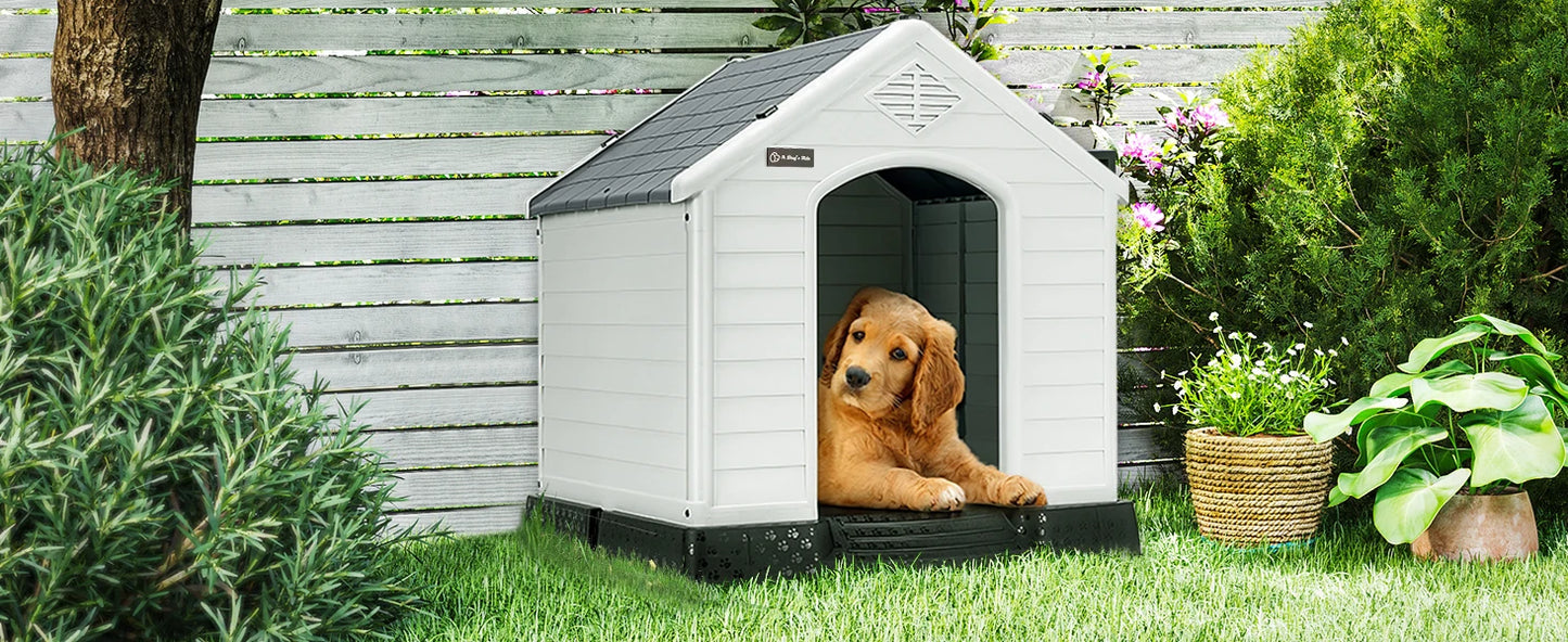 Durable Waterproof Plastic Dog House for Small to Large Sized Dogs, Indoor Outdoor Doghouse Puppy Shelter with Elevated Floor