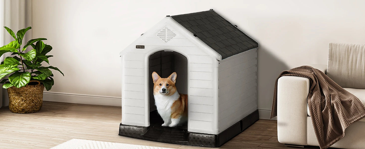 Durable Waterproof Plastic Dog House for Small to Large Sized Dogs, Indoor Outdoor Doghouse Puppy Shelter with Elevated Floor