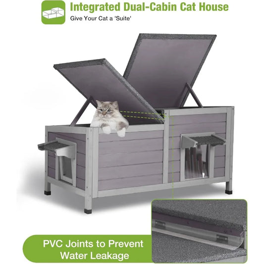 Weatherproof Large Outdoor Cat House – Openable Roof Feral Cat Shelter with Elevated Base & PVC Door - Pet Suppie