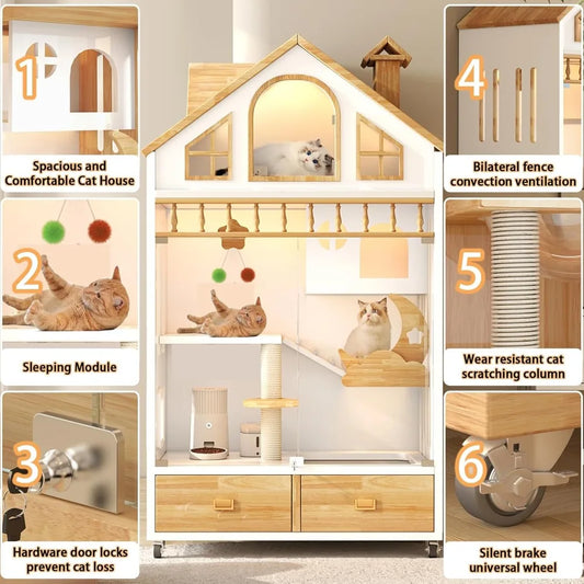 Enclosed Cat Condo, Large Wooden Cats House Indoor Cage Cat Enclosure on Wheels, Multi-Feature Enclosed Condo with Litter Box - Pet Suppie