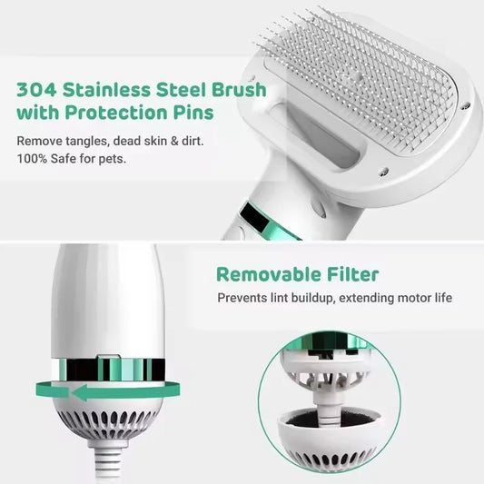 2-in-1 Pet Hair Dryer Grooming Tool: Portable Dog Blower, Detachable Comb, Low Noise, Lightweight, All-Season for Small to Large