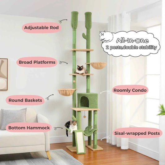 Floor to Ceiling Cat Tree for Indoor, Adjustable Height Tall Cat Tower with Sisal Scratching Post, Cozy Condo Hammock, Cat Toys