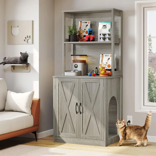 Large Hidden Litter Box Furniture with Shelves and Charging Station, Wooden Enclosure for Self-Cleaning Litter Boxes, Grey